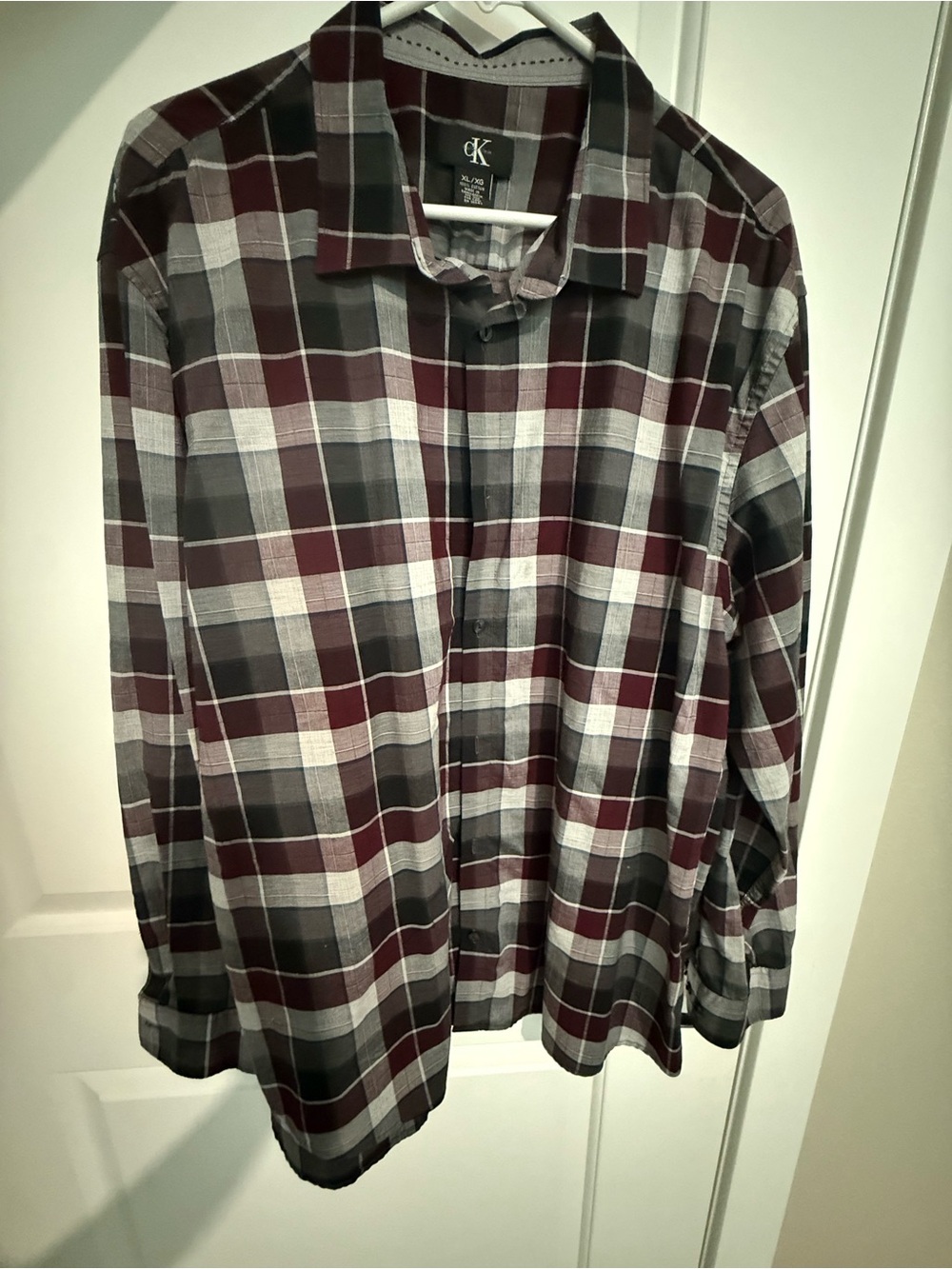 Calvin Klein Men's Burgundy and Gray Plaid Lightweight Shirt Jacket